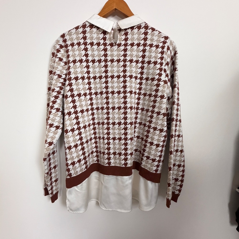 Jones New York Sweater Women XL Brown Houndstooth Layered Collar Mixed Media - Picture 2 of 13